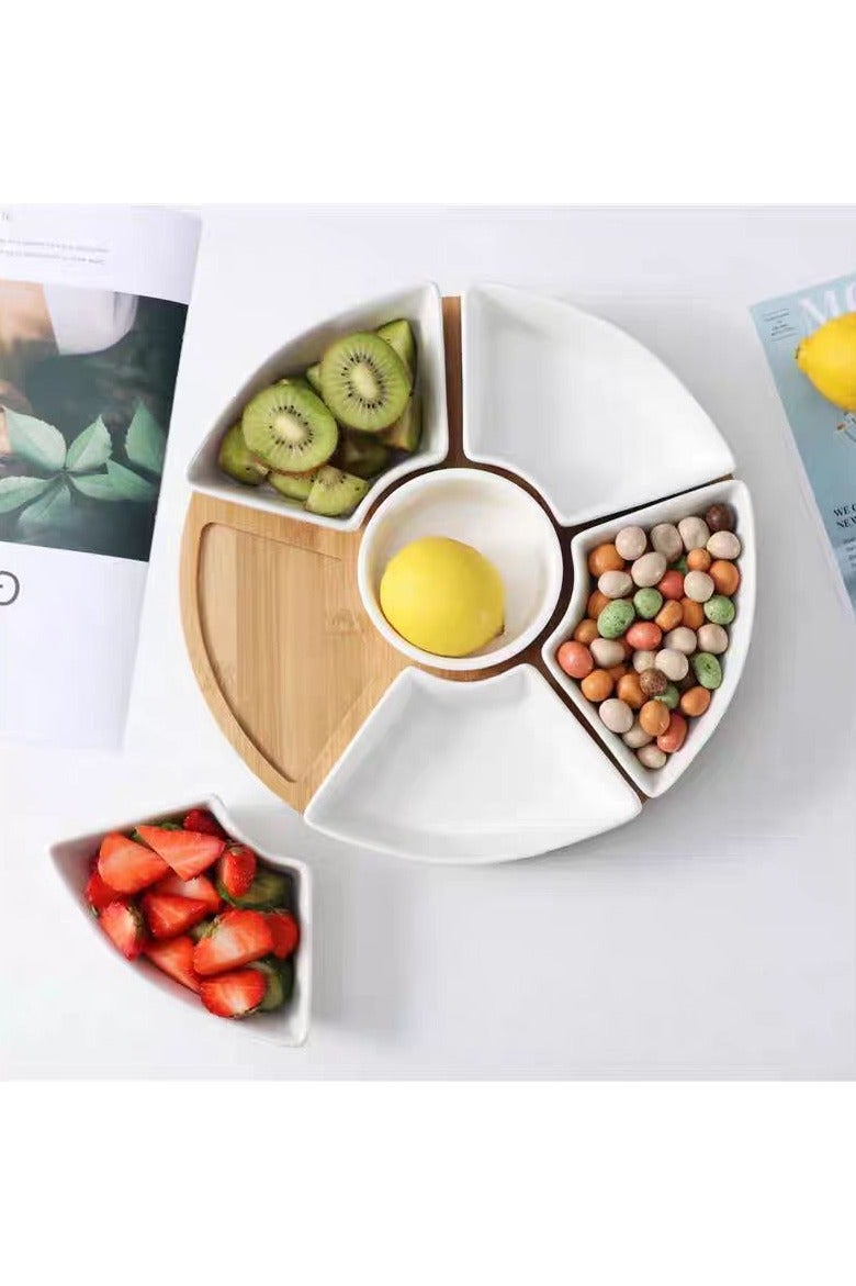 general Ceramic fan platter set of 6 pieces snacks dried fruit plates compartmentalized dinner plates snacks dim sum fruit with bamboo trays - Image 1
