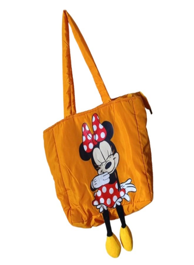 VINNIE Minnie Mouse Printed Tote Bag for Kids | Nylon Material Shoulder Bag with Zip Closure & Hanging Legs | Lightweight Cartoon Handbag for Girls (Yellow) - Image 1