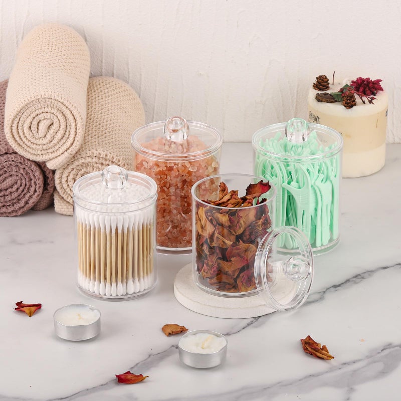 Tbestmax 4 Pack Qtip Holder - Restroom Bathroom Organizers with Clear Plastic Apothecary Jars for Cotton Swab, Round Pads, Floss - Image 4