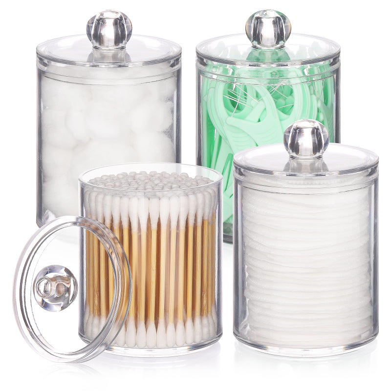Tbestmax 4 Pack Qtip Holder - Restroom Bathroom Organizers with Clear Plastic Apothecary Jars for Cotton Swab, Round Pads, Floss - Image 1