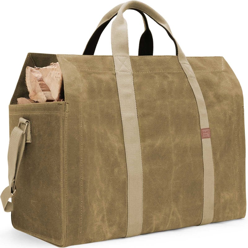 إسكدنيا حقيبة حمل خشب النار من إنو ستاج 22 أونصة مصنوعة من قماش مشمع مع تصميم قائم ذاتيًا ببراءة اختراع لحمل القش في الهواء الطلق أو التخييم أو الشواء باللون الكاكي