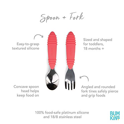 Bumkins Toddler Utensils, Kids Size Fork and Spoon Set, Silicone and Stainless-Steel Training Silverware, Angled Forks / Sporks for Self-Feeding, Children Hold Learning to Eat, 18 Months Up, Red - Image 2