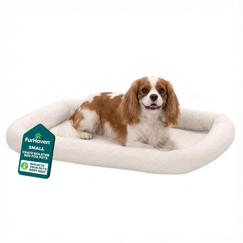 FurHaven Dog Bed for Small Dogs Cats Bolster Crate Pad with Soft Supportive Base for Carriers Kennels Machine Washable Small Sherpa Fleece Cream - Image 2
