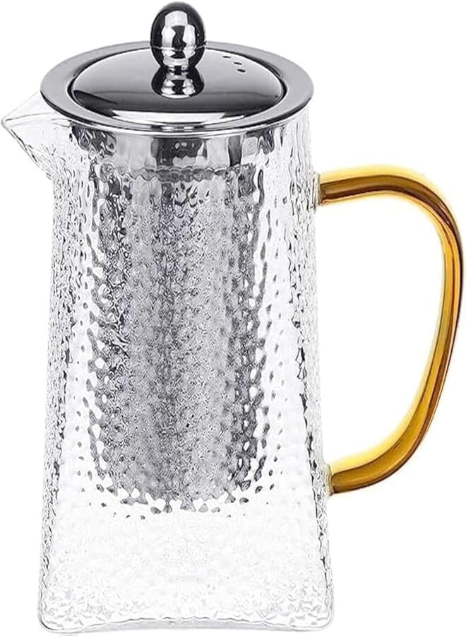 Spaceshoop Heat Proof Lattice Texture Glass Yellow Handle Flower Tea Pot w/Stainless Steel Lid
