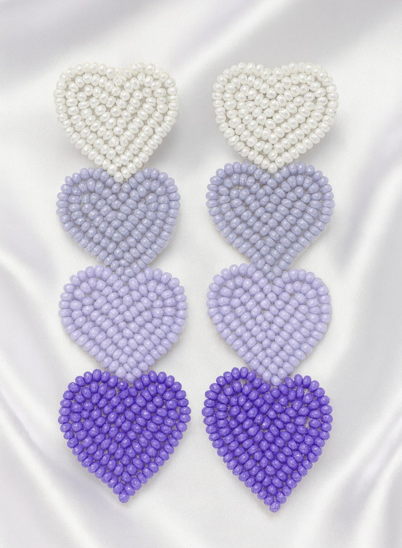 Ready For Chai Handmade Heart Shaped Beaded Statement Earrings – Purple Elegant Party & Ethnic Jewelry