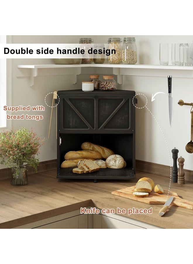 WOWLIVE Vintage Corner Bread Box for Kitchen Counter, Double-Layer Bamboo Bread Storage Bin, Large Capacity Rustic Farmhouse Bread Holder, Breadbox Organizer for Cabinet (Black, Extra Large) - Image 5