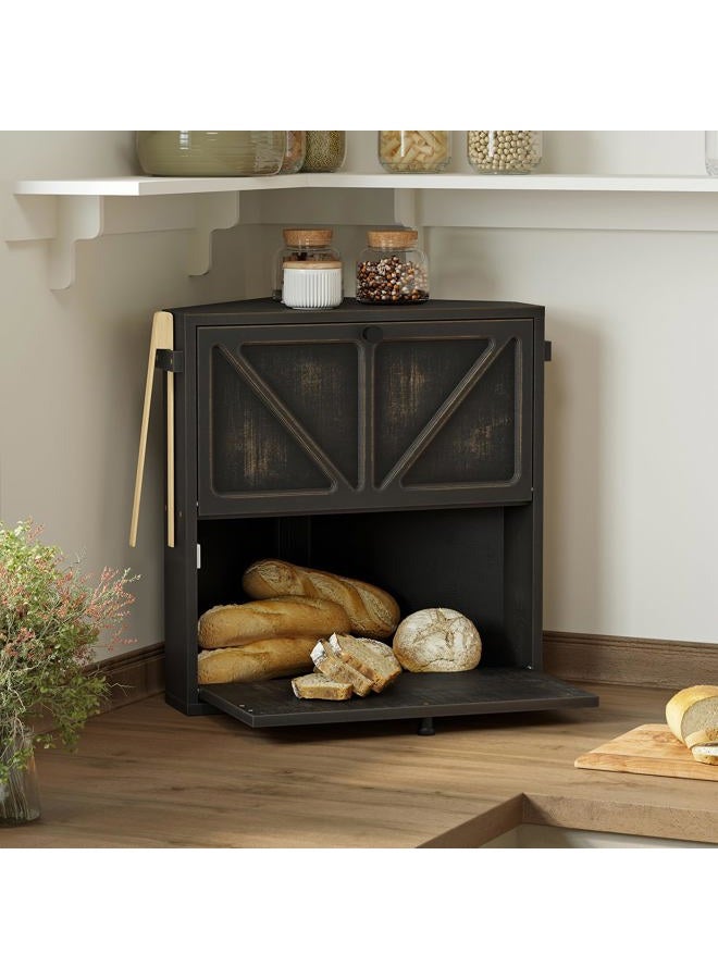 WOWLIVE Vintage Corner Bread Box for Kitchen Counter, Double-Layer Bamboo Bread Storage Bin, Large Capacity Rustic Farmhouse Bread Holder, Breadbox Organizer for Cabinet (Black, Extra Large) - Image 2