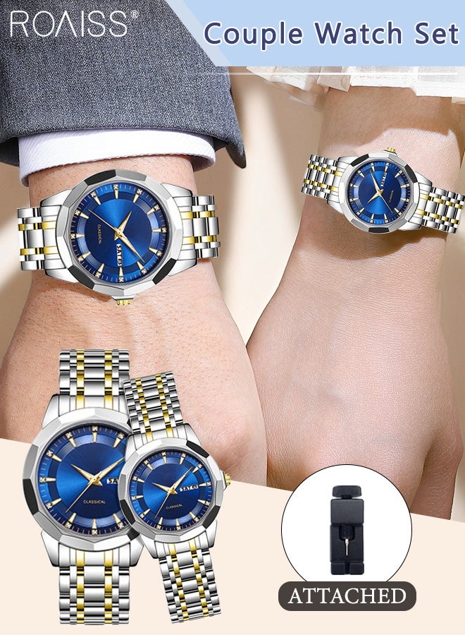 roaiss 2 Pcs Light Luxurious Quartz Couple Watch, Analog Display Round Blue Dial with Calendar Window, Waterproof Luminous Classic Fashion Wristwatch, as Gift for Men and Women - Image 1