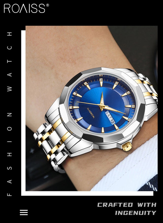 roaiss 2 Pcs Light Luxurious Quartz Couple Watch, Analog Display Round Blue Dial with Calendar Window, Waterproof Luminous Classic Fashion Wristwatch, as Gift for Men and Women - Image 2
