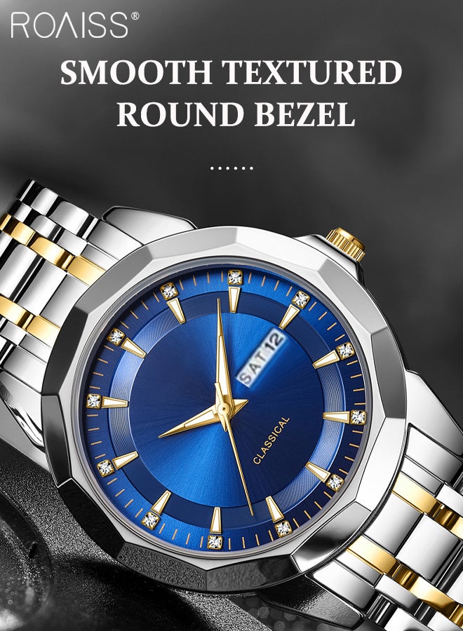 roaiss 2 Pcs Light Luxurious Quartz Couple Watch, Analog Display Round Blue Dial with Calendar Window, Waterproof Luminous Classic Fashion Wristwatch, as Gift for Men and Women - Image 3