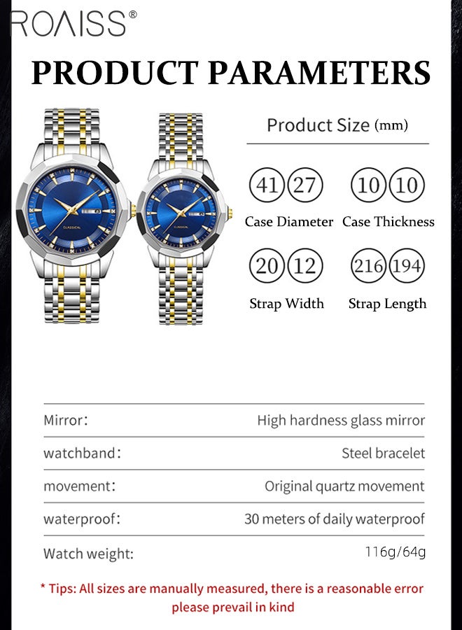 roaiss 2 Pcs Light Luxurious Quartz Couple Watch, Analog Display Round Blue Dial with Calendar Window, Waterproof Luminous Classic Fashion Wristwatch, as Gift for Men and Women - Image 4