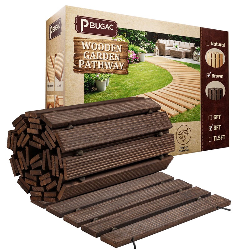 pbugac 8FT Wooden Garden Pathway, Roll Out Walkway for Patio, Backyard and Outdoor Decor, Weatherproof, Non Slip and Easy to Install, Perfect for Beach, Wedding or Lawn (Brown) - Image 1