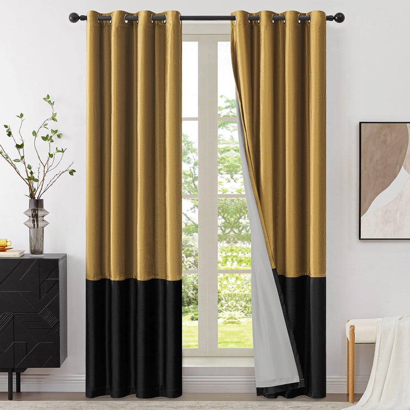 BULBUL Modern 100% Full Blackout Velvet Curtains,Gold Black 108 inches Long Liner Curtains Thermal Drapes Panels for Living Room Bedroom Grommet Set of 2 - Image 1