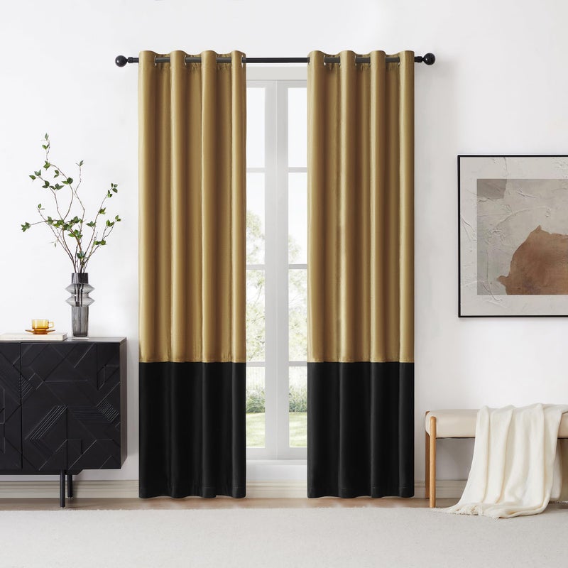 BULBUL Modern 100% Full Blackout Velvet Curtains,Gold Black 108 inches Long Liner Curtains Thermal Drapes Panels for Living Room Bedroom Grommet Set of 2 - Image 4