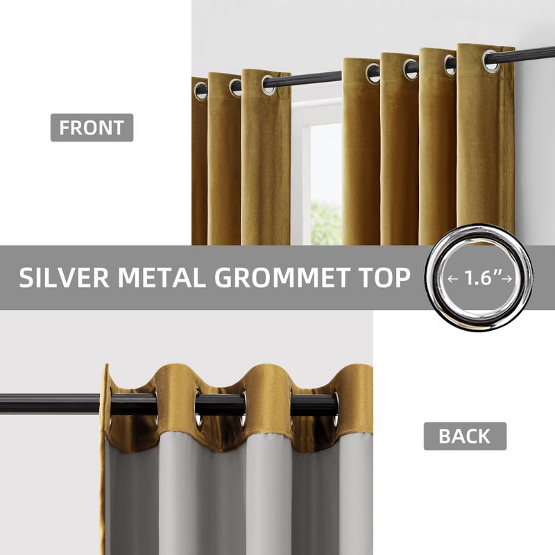 BULBUL Modern 100% Full Blackout Velvet Curtains,Gold Black 108 inches Long Liner Curtains Thermal Drapes Panels for Living Room Bedroom Grommet Set of 2 - Image 2
