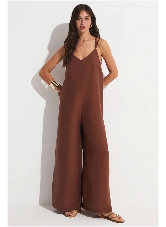 جون June Back Detailed Jumpsuit Brown