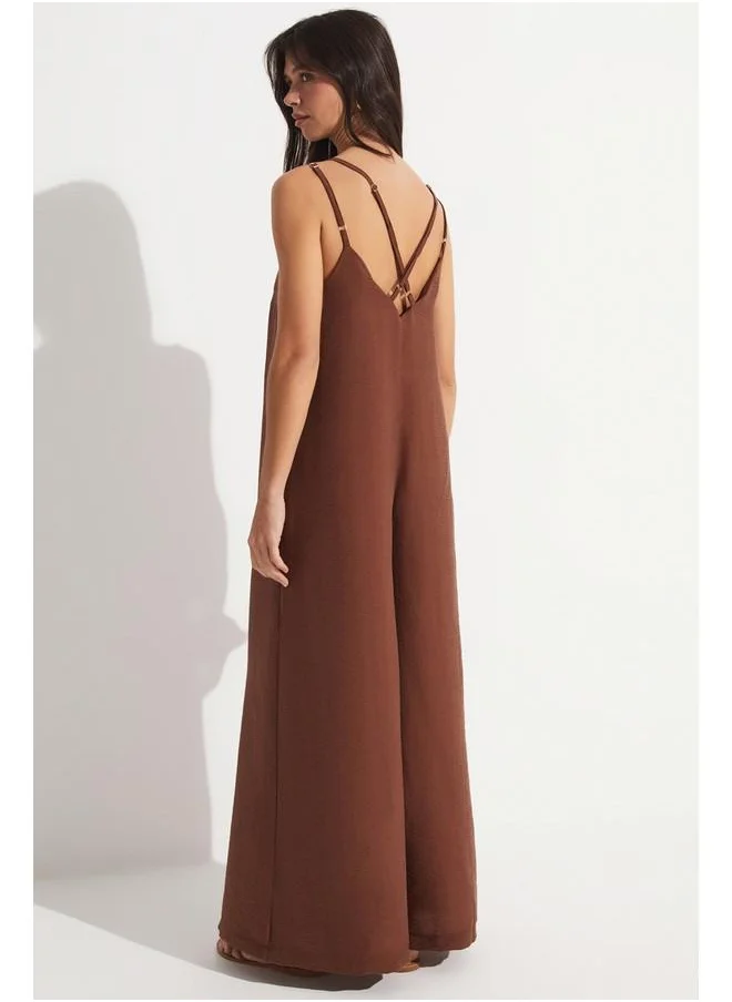 جون June Back Detailed Jumpsuit Brown