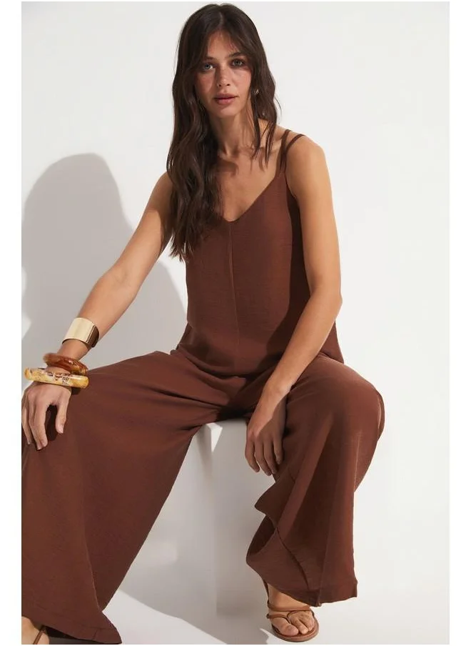 جون June Back Detailed Jumpsuit Brown