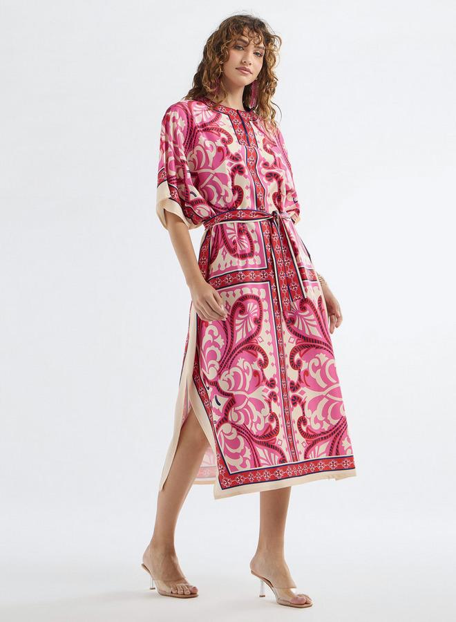 سبلاش فيڤ فستان قفطان بياقة مستديرة حزام رباط وفتحة وطبعات - Image 2