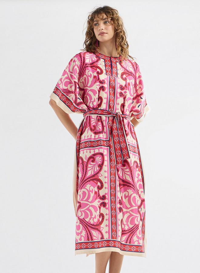 سبلاش فيڤ فستان قفطان بياقة مستديرة حزام رباط وفتحة وطبعات - Image 1