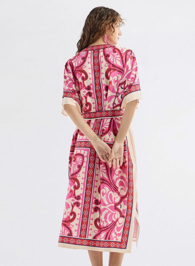 سبلاش فيڤ فستان قفطان بياقة مستديرة حزام رباط وفتحة وطبعات - Image 3