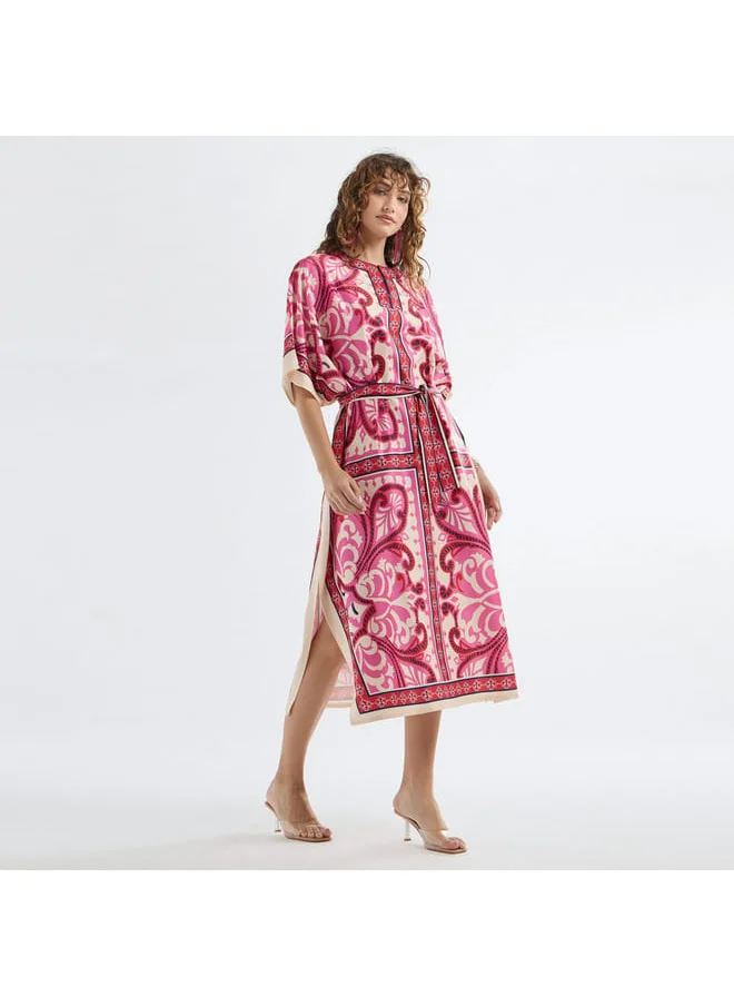 FAV All-Over Print Round Neck Kaftan Dress with Tie-Up Belt and Slit Detail