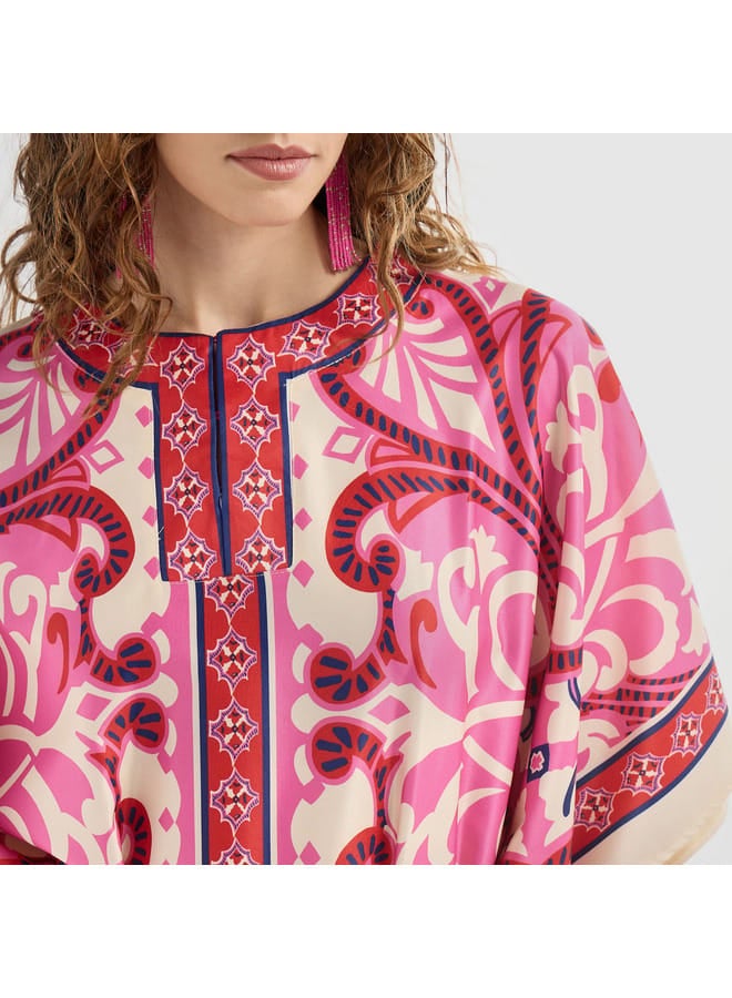 سبلاش فيڤ فستان قفطان بياقة مستديرة حزام رباط وفتحة وطبعات - Image 4