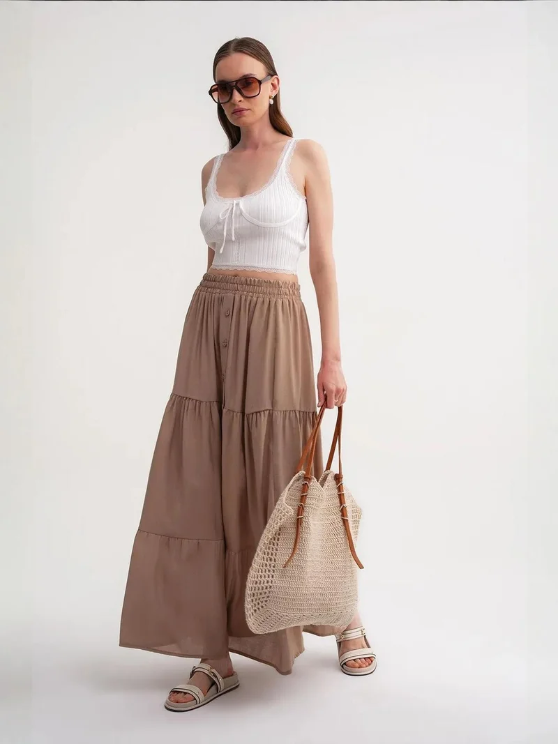 Mixray Camel Brown Mixray High Waist Maxi Skirt for Women | Best Price UAE