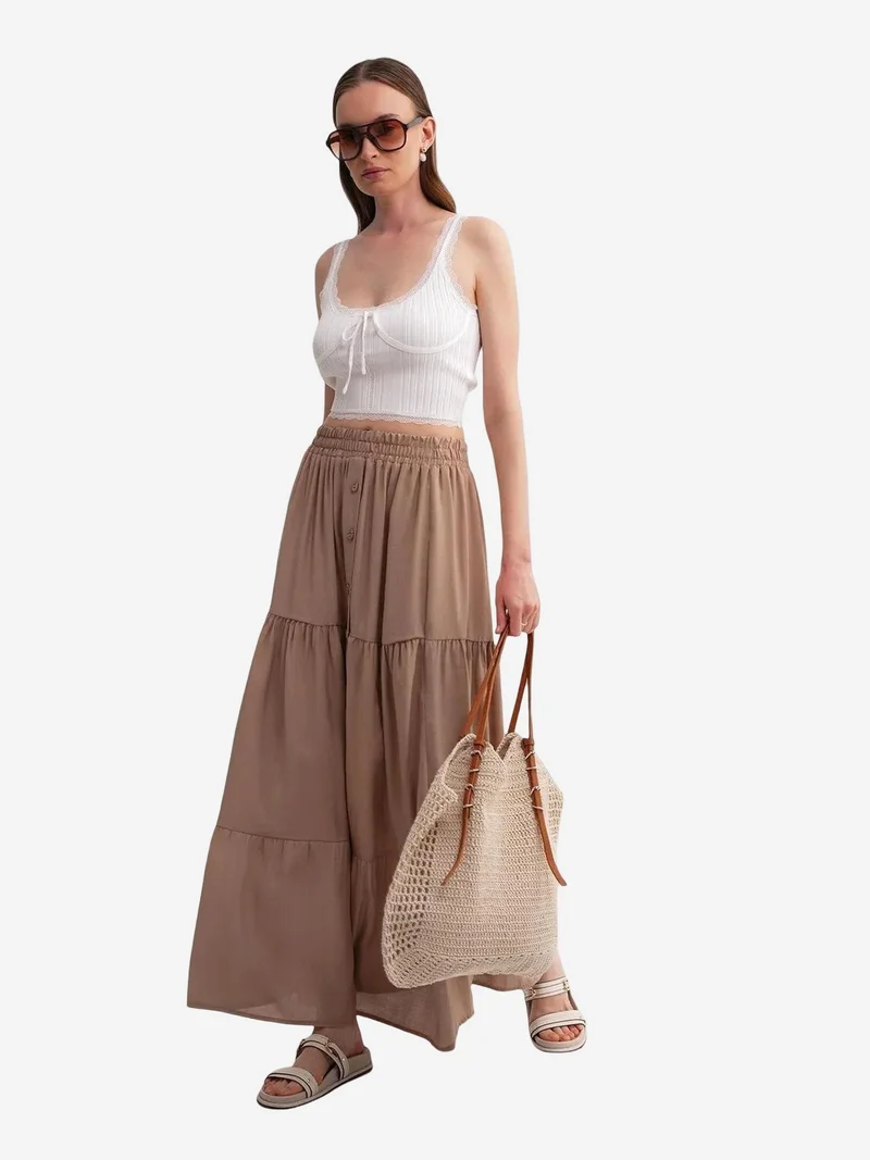 Mixray Camel Brown Mixray High Waist Maxi Skirt for Women | Best Price UAE