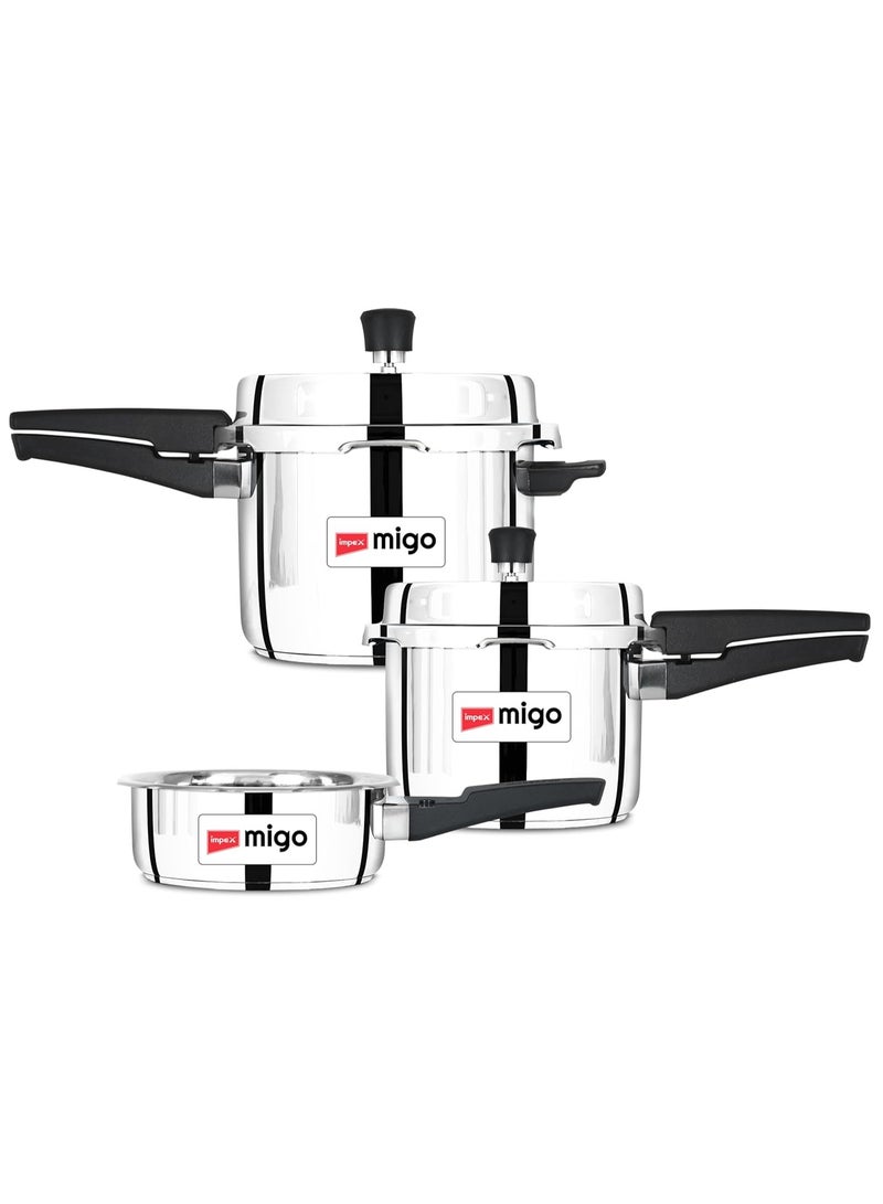 Impex Migo 2,3,5 Litres Stainless Steel Pressure Cookers IFC 235 SS 2,3,5L Induction Base With Outer Lid, stainless steel Pressure cookers Combo with 5 Years Warranty - Image 1