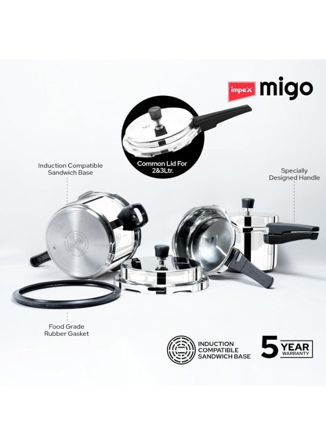 Impex Migo 2,3,5 Litres Stainless Steel Pressure Cookers IFC 235 SS 2,3,5L Induction Base With Outer Lid, stainless steel Pressure cookers Combo with 5 Years Warranty - Image 4