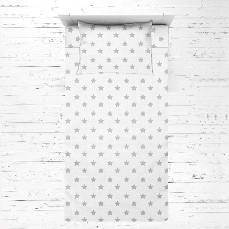 Bacati Bacati Muslin Ikat Stars 3 Piece Neutral Toddler Bed Sheet Set 100 Percent Cotton Includes Fitted Sheet Top Sheet and Pillow Case 3 pc Toddler Bed Sheet Set Grey Stars