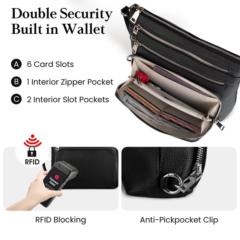 befen Black Genuine Leather Crossbody Purses for Women, Ladies Anti-Theft Medium Crossbody Shoulder Bags with Built in RFID Blocking Wallet - Image 3