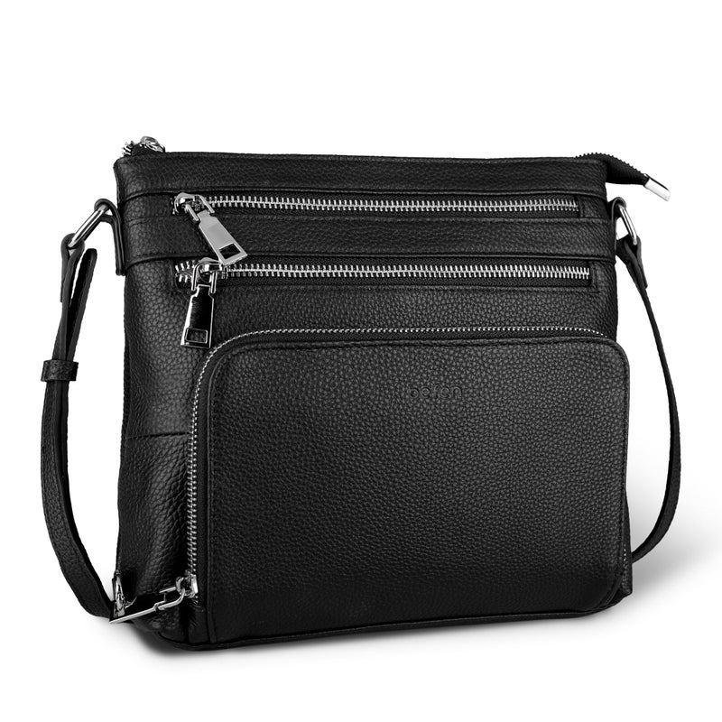 befen Black Genuine Leather Crossbody Purses for Women, Ladies Anti-Theft Medium Crossbody Shoulder Bags with Built in RFID Blocking Wallet - Image 1