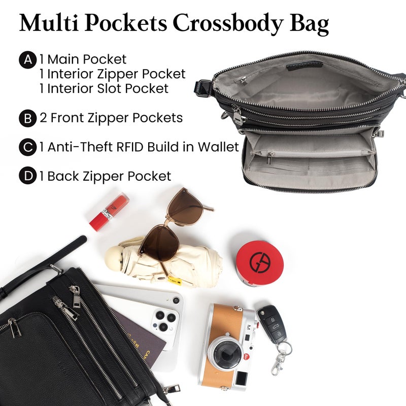 befen Black Genuine Leather Crossbody Purses for Women, Ladies Anti-Theft Medium Crossbody Shoulder Bags with Built in RFID Blocking Wallet - Image 4