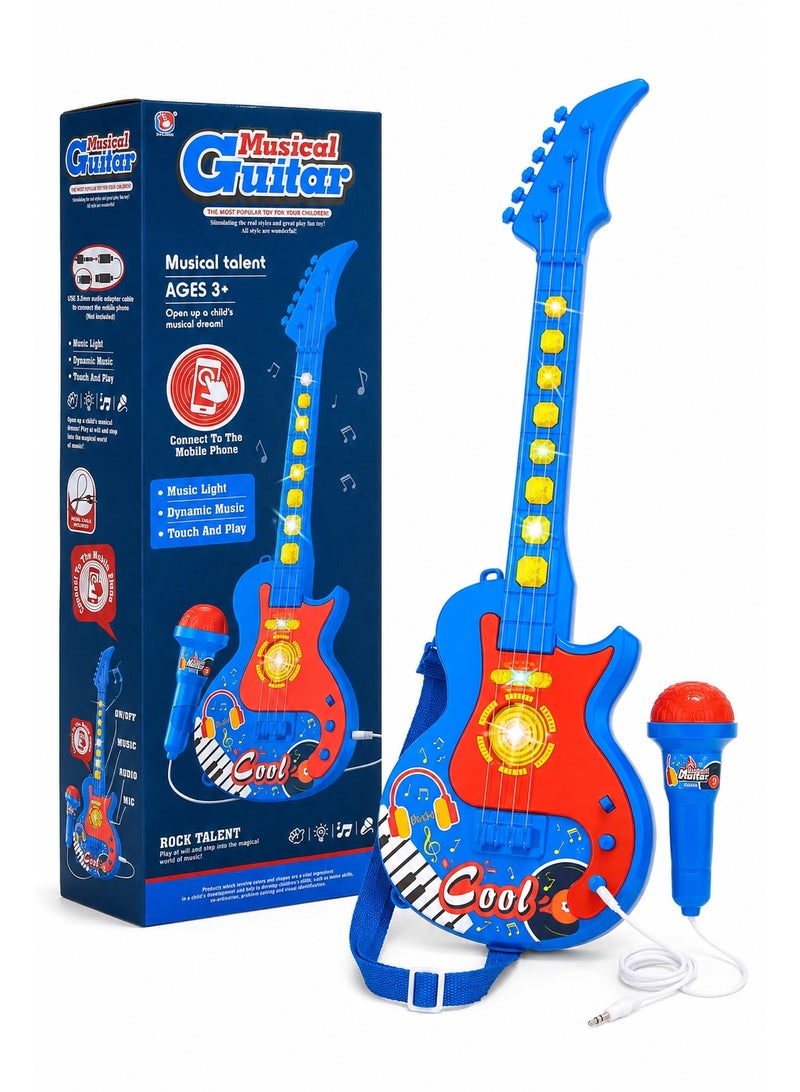 Kids Musical Guitar Toy Set with Handheld Microphone, Music Lights, Built-In Melodies and Touch Buttons, Mobile Phone Audio Connection, Pretend Rock Star Gift for Ages 3+ - Image 2