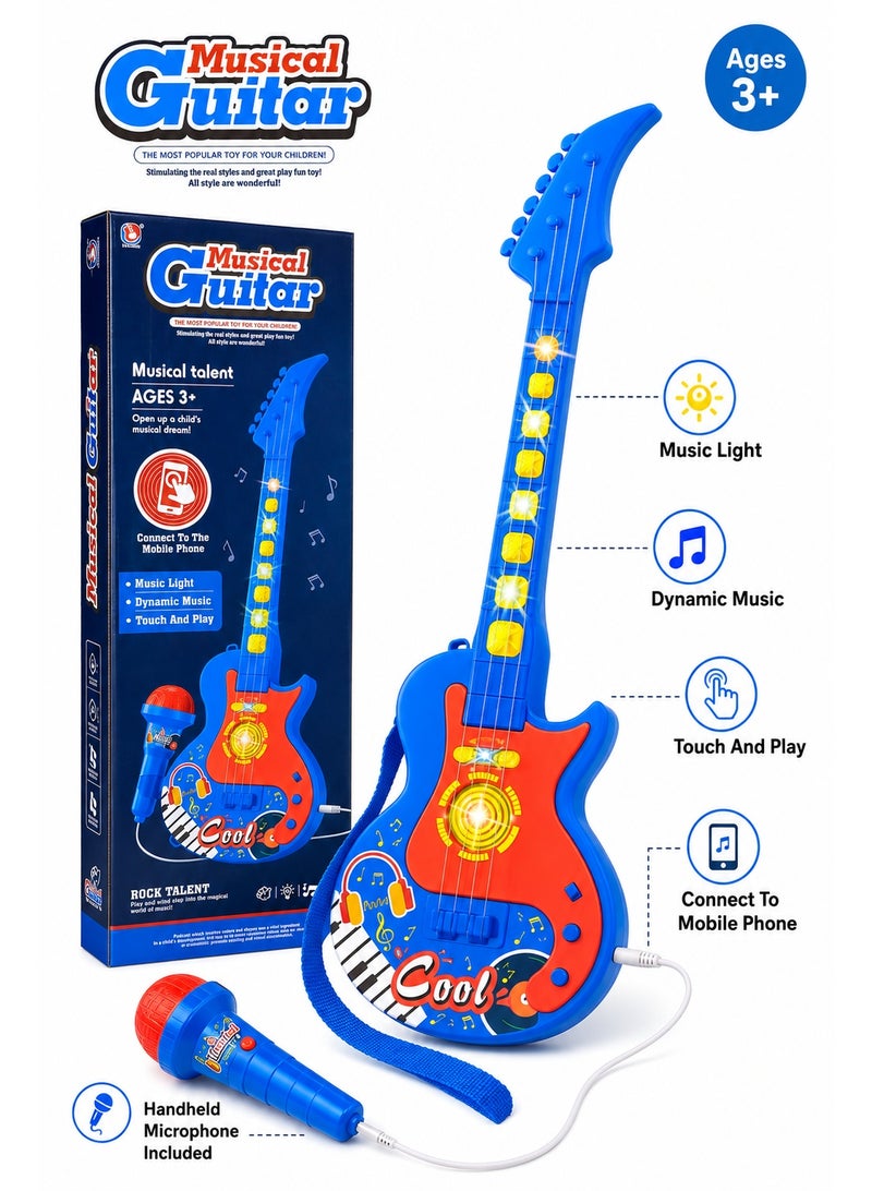 Kids Musical Guitar Toy Set with Handheld Microphone, Music Lights, Built-In Melodies and Touch Buttons, Mobile Phone Audio Connection, Pretend Rock Star Gift for Ages 3+ - Image 3