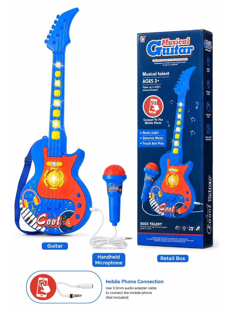 Kids Musical Guitar Toy Set with Handheld Microphone, Music Lights, Built-In Melodies and Touch Buttons, Mobile Phone Audio Connection, Pretend Rock Star Gift for Ages 3+ - Image 1