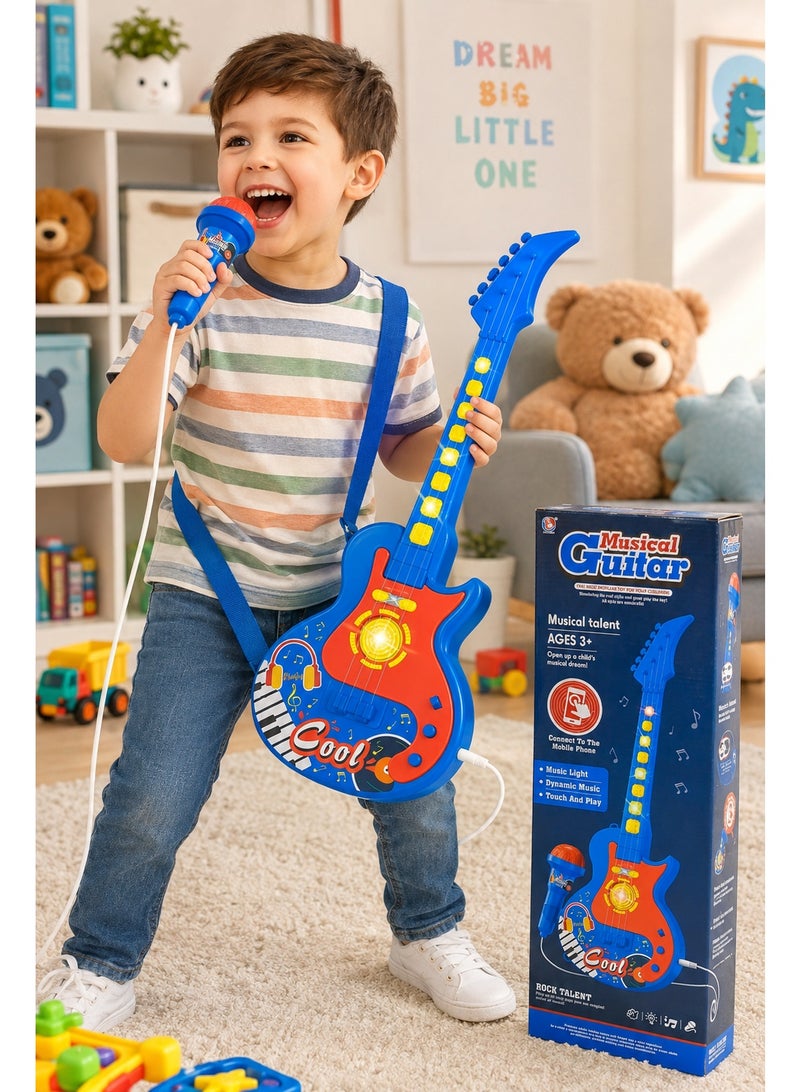 Kids Musical Guitar Toy Set with Handheld Microphone, Music Lights, Built-In Melodies and Touch Buttons, Mobile Phone Audio Connection, Pretend Rock Star Gift for Ages 3+ - Image 5