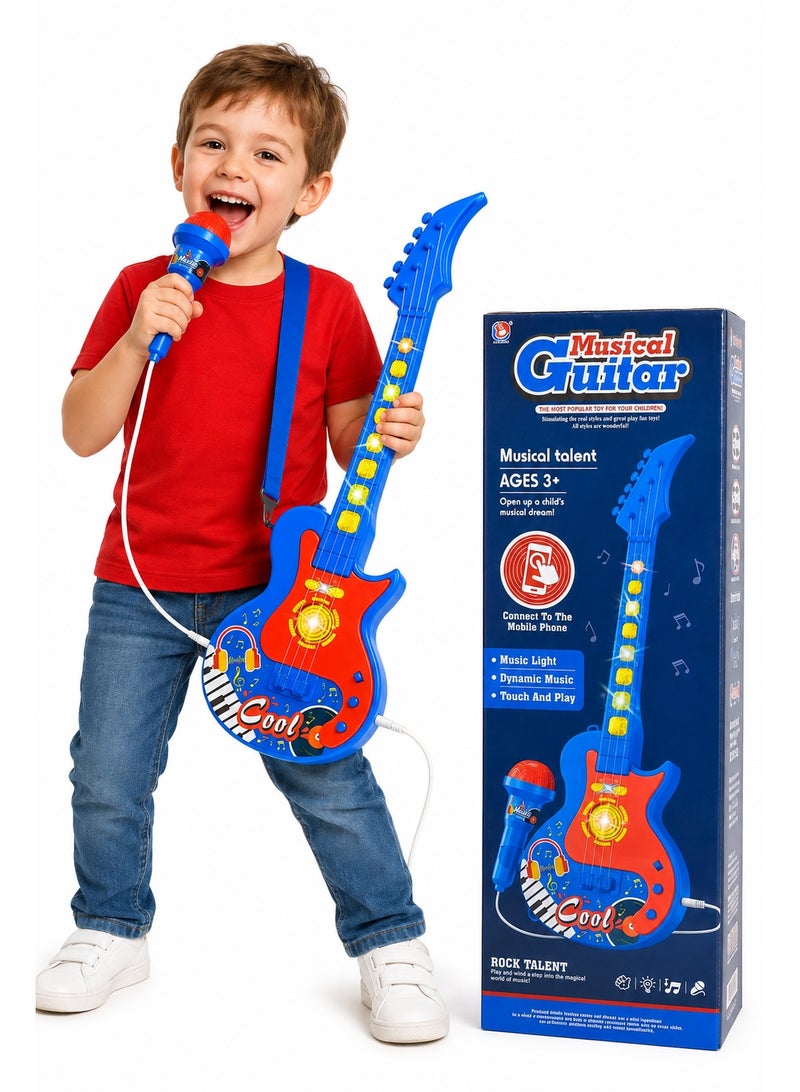 Kids Musical Guitar Toy Set with Handheld Microphone, Music Lights, Built-In Melodies and Touch Buttons, Mobile Phone Audio Connection, Pretend Rock Star Gift for Ages 3+ - Image 4