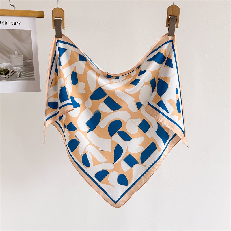 Geometric Imitation Silk Color-Block Printed Tie-Waist Triangle Scarf Sun Protection Shawl Neck Scarf Women''s Silk Scarf Headscarf Scarf - Image 5