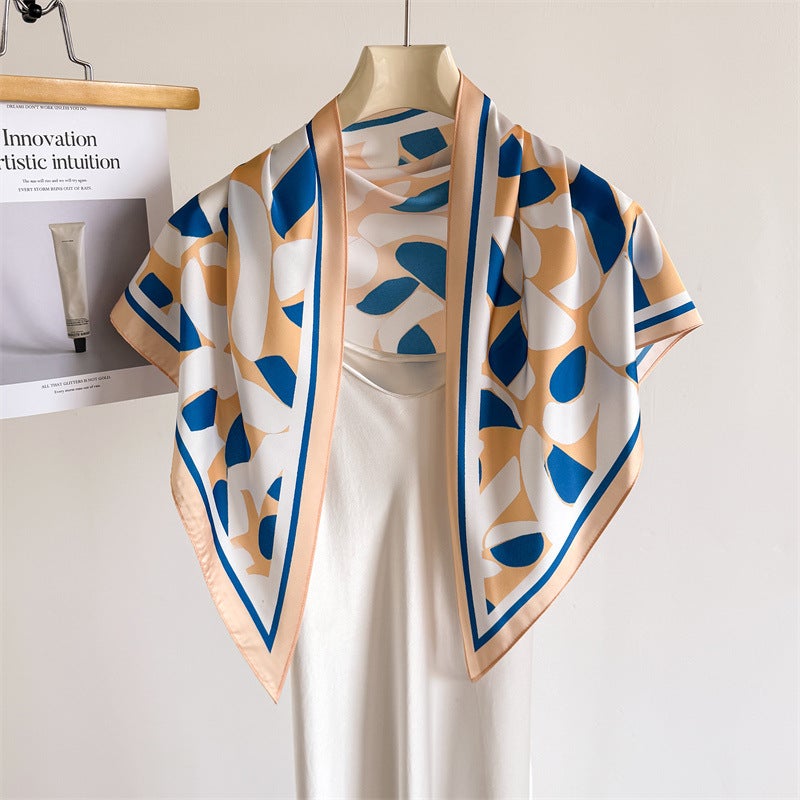 Geometric Imitation Silk Color-Block Printed Tie-Waist Triangle Scarf Sun Protection Shawl Neck Scarf Women''s Silk Scarf Headscarf Scarf - Image 4