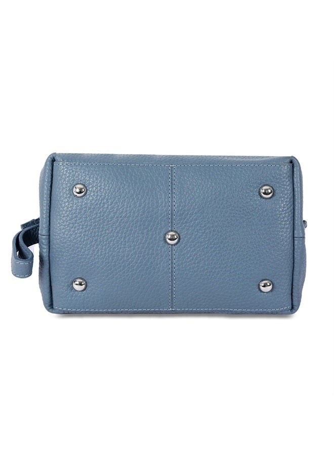 KomalC حقيبة أدوات تجميل جلدية فاخرة كبيرة للنساء والرجال، حقيبة سفر متعددة الاستخدامات (زرقاء) - Image 3