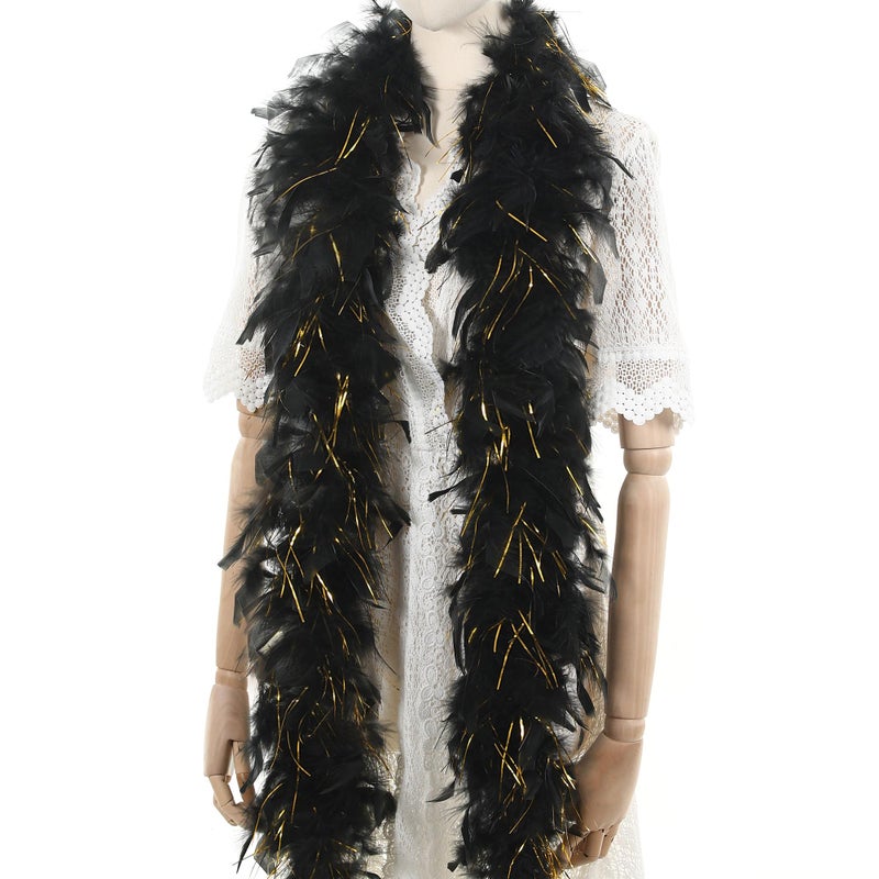 Larryhot Black with Gold Tinsel Boas - 80g 2 Yards Feather Boas for Party Bulk,Halloween,Wedding,Concert,Pet and Home Decoration(80g-Black Gold Tinsel) - Image 1
