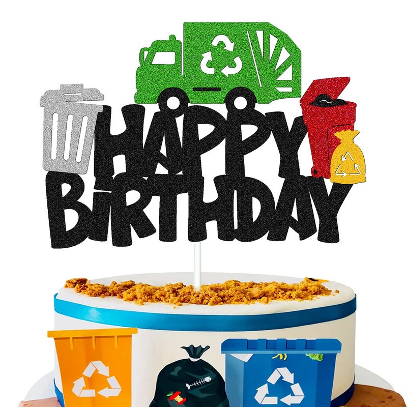 YOYMARR Garbage Truck Cake Topper Happy Birthday Sign Cake Decorations for Trash Green Recycling Truck Themed Bday Party Supplies - Image 3