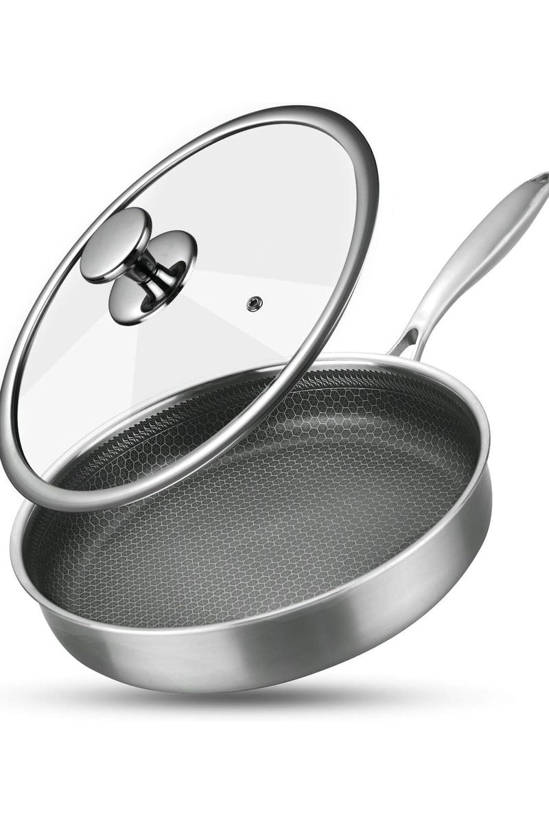 SYXUMLKLS مقلاة من الفولاذ المقاوم للصدأ مع غطاء 28 سم، مقلاة ووك بتقنية هجينة، مقالي غير لاصقة، مقلاة، خالية من PFOA (غسالة صحون/تحريض/غاز/كهرباء) - Image 1
