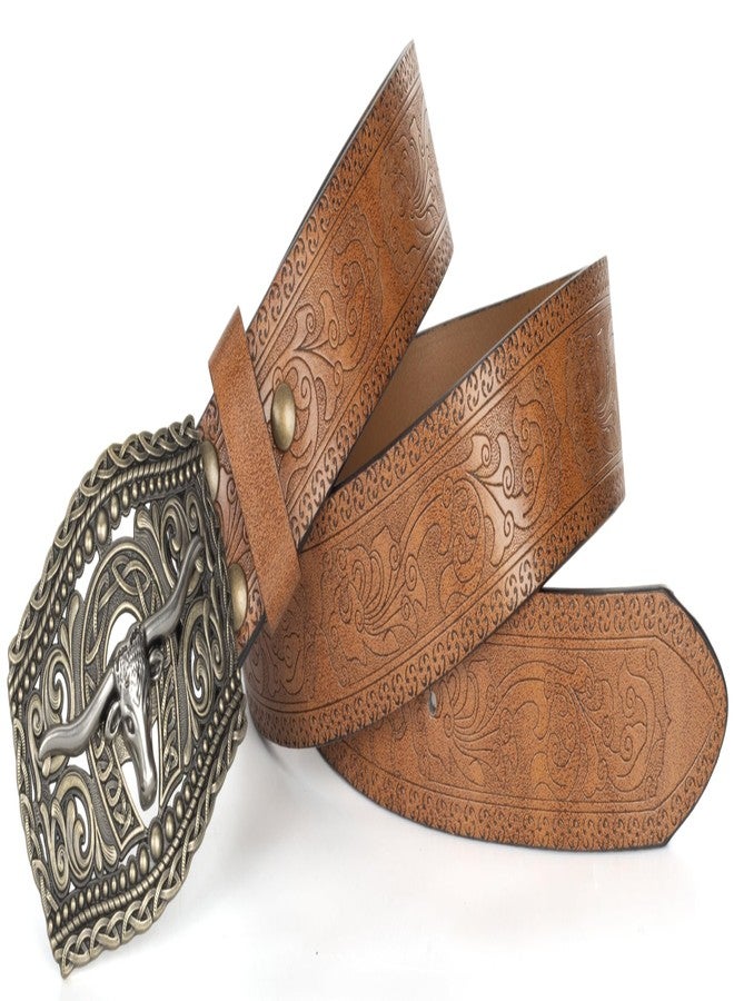 Vikodah Men Women-Western-Cowboy-Leather-Belts - Longhorn Bull Pattern Buckle Belt Floral Engraved Buckle Belt for Jeans - Image 3
