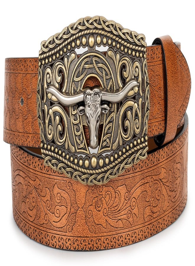 Vikodah Men Women-Western-Cowboy-Leather-Belts - Longhorn Bull Pattern Buckle Belt Floral Engraved Buckle Belt for Jeans - Image 4