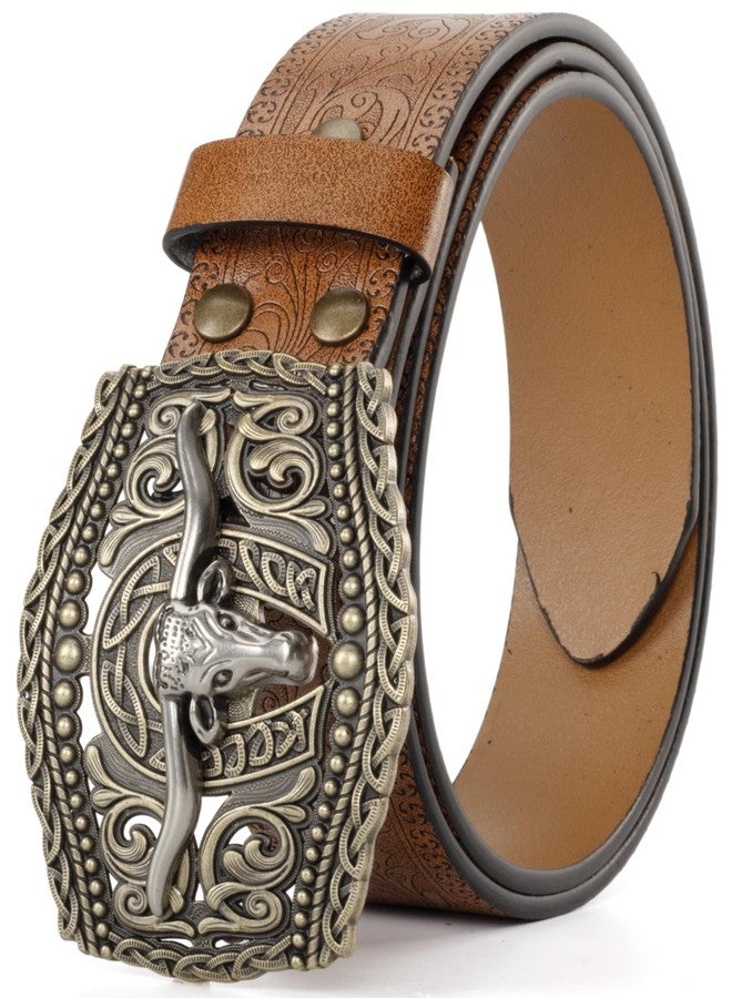 Vikodah Men Women-Western-Cowboy-Leather-Belts - Longhorn Bull Pattern Buckle Belt Floral Engraved Buckle Belt for Jeans - Image 1