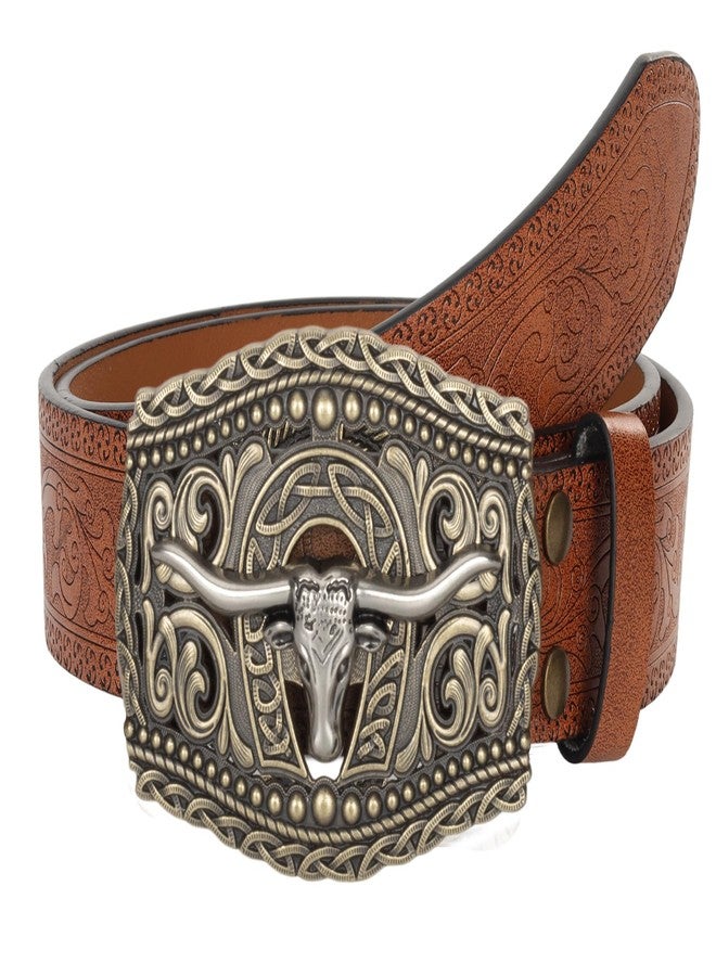 Vikodah Men Women-Western-Cowboy-Leather-Belts - Longhorn Bull Pattern Buckle Belt Floral Engraved Buckle Belt for Jeans - Image 2